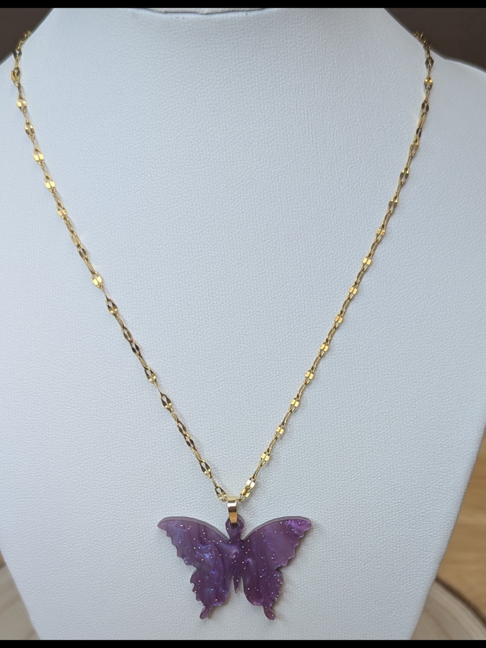 Lavender Butterfly Necklace Reversible Pendant 18K Gold Plated Chain 16" + 2" - Picture 2 of 13